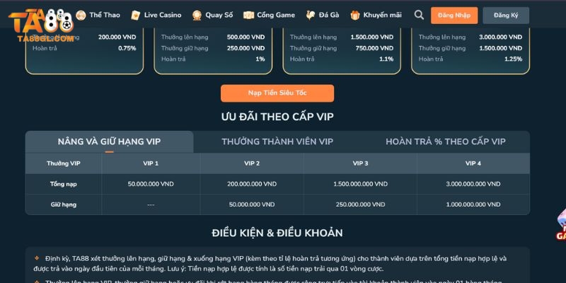 Vip TA88 Đặc quyền chỉ những thành viên VIP tại TA88 mới có